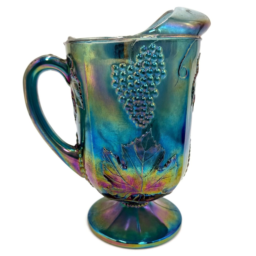 Imperial Glass Carnival Glass Pitcher 8.5" Blue Iridescent Grape and Cable